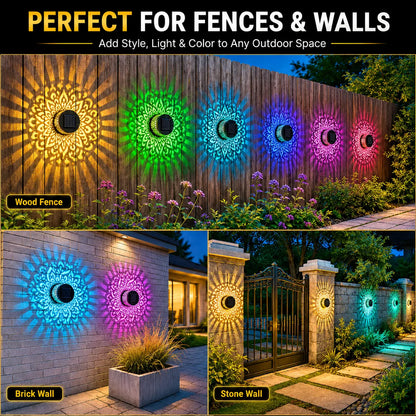 Solar Mandala Wall Lights Outdoor, 7 Color Changing Waterproof Solar Fence Lights for Garden Patio Yard Backyard Decor