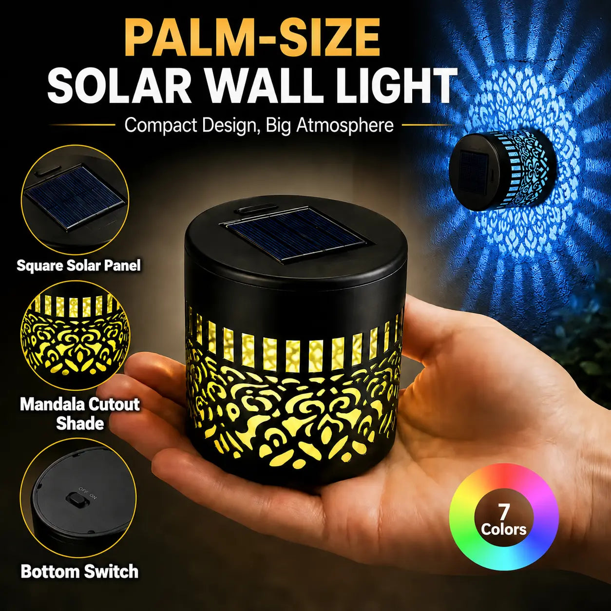 Solar Mandala Wall Lights Outdoor, 7 Color Changing Waterproof Solar Fence Lights for Garden Patio Yard Backyard Decor